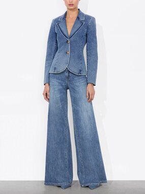$595 alice + olivia Blue Denim Sculpted Slim Iana Blazer Jacket size 8